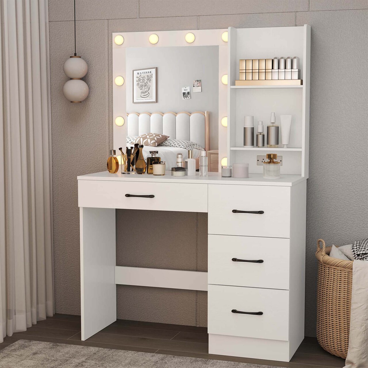 Costway Makeup Vanity Desk with Mirror and Lights Charging Station 3-Color LED Lights White/Black
